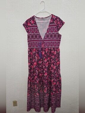 Boho Floral Maxi Dress in Plum & Pink MISSLOOK XL